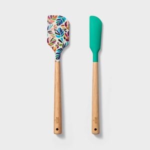 Tabitha Brown for Target Mini Silicone Spatula Set 2pc Teal Leaf Print Wood New